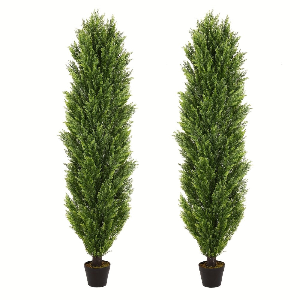 Two-Pack Artificial Cedar Topiary Trees with 4, 5 or 6 ft Height Options and Optional 16-Inch Black Planters