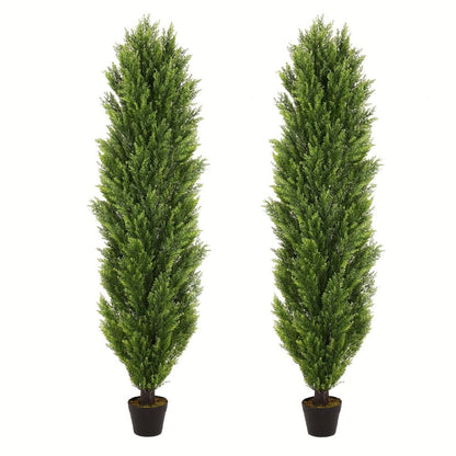 Two-Pack Artificial Cedar Topiary Trees with 4, 5 or 6 ft Height Options and Optional 16-Inch Black Planters