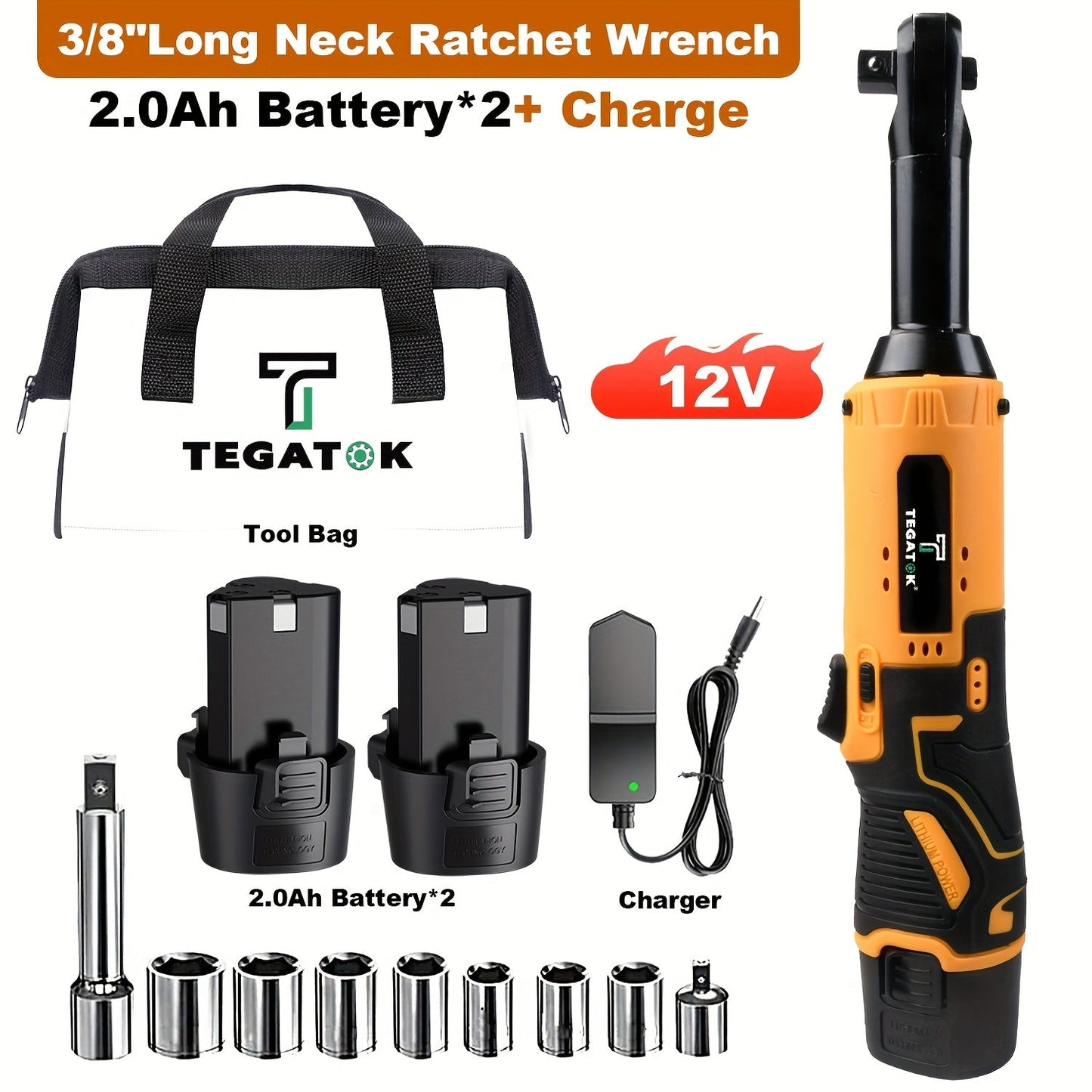 12V Cordless Ratchet Wrench Set 3/8" Drive | 40 Ft-lbs Torque, Variable Speed Trigger, Lithium-Ion Battery, 7 Sockets Included