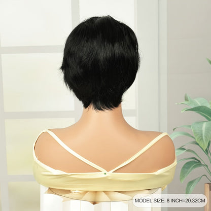 Pixie Bob Human Hair Wig with Bangs, Natural Black Full-Cap Hair Style and Short 8-Inch Length