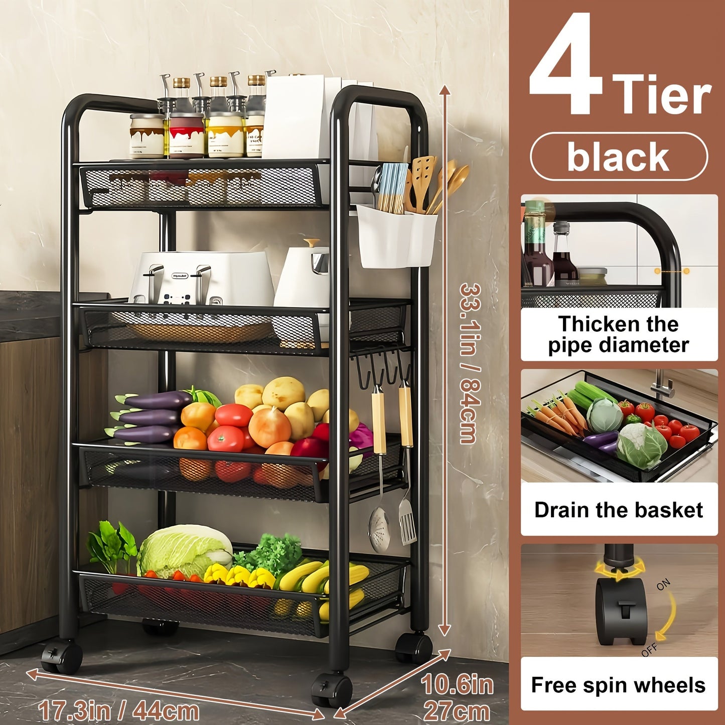 Three-, Four- or Five-Tier Black Carbon Steel Rolling Storage Cart with Detachable Wire Baskets