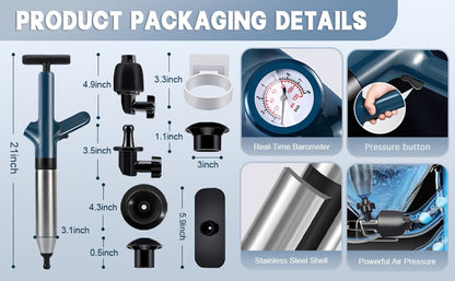 Toilet Plunger Set High Pressure Air Drain Unclogger - Stainless Steel Toilet Snake & Air Discharge Impactor for Clogged Toilet, Kitchen Sink, Bathroom Drain & Pipe Blockage Removal