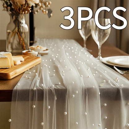 Three-Piece White Pearl-Beaded Tulle Table Runner Set, 2.5 x 9.8 Feet Each for Event Tables