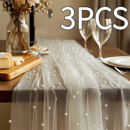 White Pearl Beaded Tulle Table Runner 2.5×9.8ft | Wedding Ceremony Backdrop, Birthday Party & Valentine's Day Romantic Decor, Sheer Mesh Fabric 3PCS
