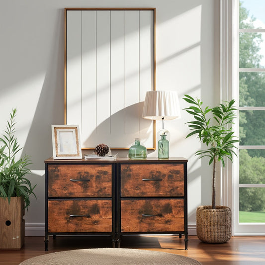 Nightstand with 2 Storage Drawers, 20" Bedside Table with Wooden Top & Fabric Cabinet, Steel Frame Mini Dresser for Bedroom, Dorm, Living Room – 1pc or Set of 2pcs, Black White Grey Rustic Brown