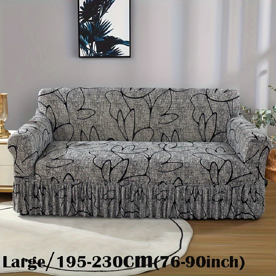 Sofa Cover Gray Printed Skirt Slipcover with Elastic Stretch Fit for 1, 2, 3 or 4-Seater Sofas