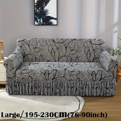 Sofa Cover Gray Printed Skirt Slipcover with Elastic Stretch Fit for 1, 2, 3 or 4-Seater Sofas