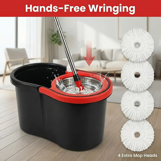 Spin Mop and Bucket Set with Wringer 360 Degree Spinning Self-Wringing Mop 4 Microfiber Mop Heads Soap Dispenser Extended Handle for Hardwood Tile Laminate Floor Cleaning