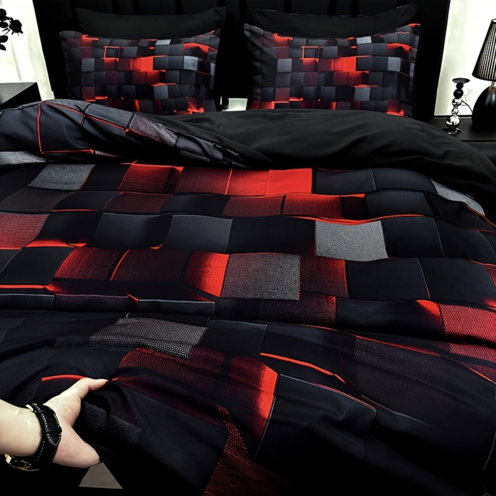 Three-Piece Plaid Duvet Cover Set with Two Pillowcases in Five Colors and Four Bed Sizes for Home and Everyday Use