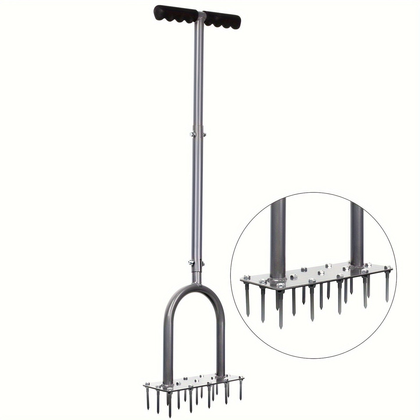 15-Spike Manual Lawn Aerator with T-Handle, 34.6-Inch Shaft and 9.2-Inch Foot Plate in Gray