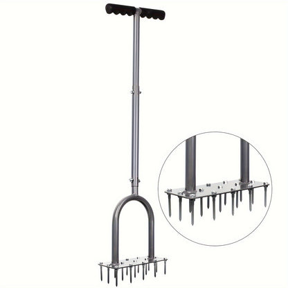 15-Spike Manual Lawn Aerator with T-Handle, 34.6-Inch Shaft and 9.2-Inch Foot Plate in Gray