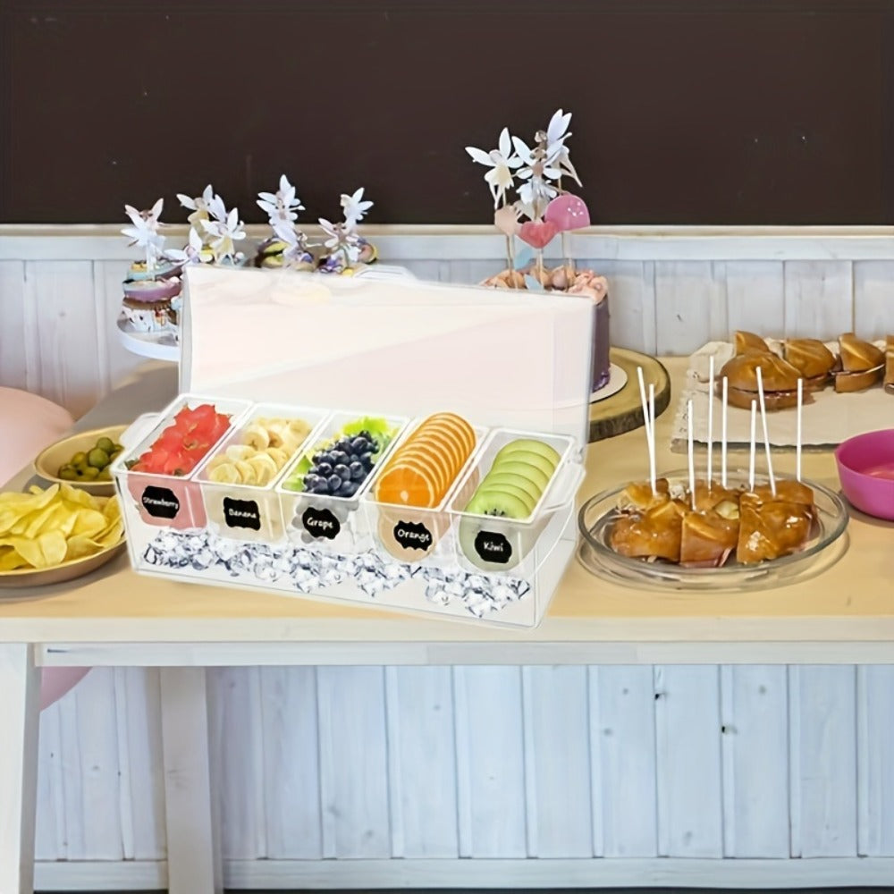 Five-Compartment Serving Bowl Set with Lid, Five Forks and Two Tongs for Party Table Display