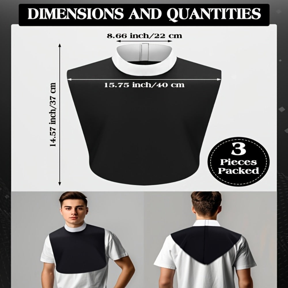 Clergy Collar Costume Bib Set, Three-Pack in Black and White with Hook-and-Loop Neck Fasteners