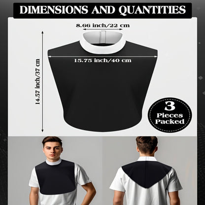 Clergy Collar Costume Bib Set, Three-Pack in Black and White with Hook-and-Loop Neck Fasteners
