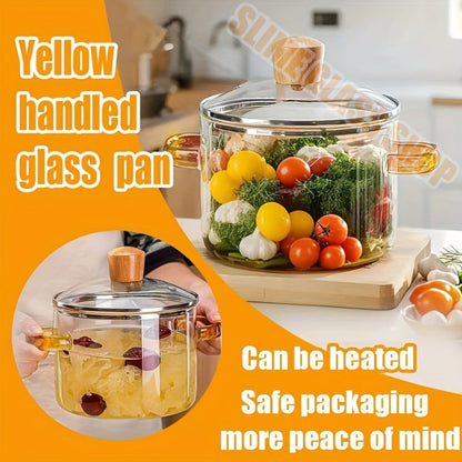 Borosilicate Glass Pot with Lid 50oz Stovetop & Microwave Safe – Double Heat-Resistant Handles for Soup, Milk & Porridge | Transparent Glass Saucepan Kitchen Cooker with Yellow or Green Handle