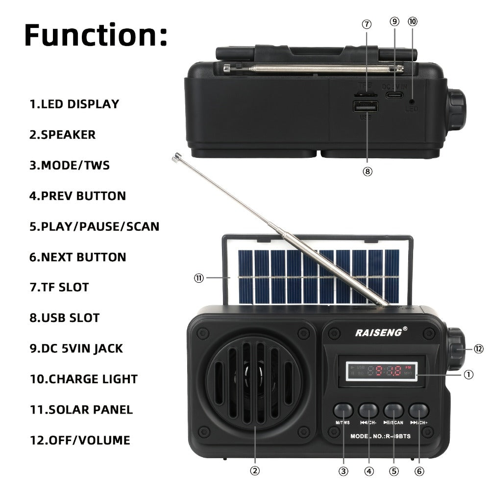 Retro FM Radio Speaker with Solar Panel, Bluetooth, USB and TF Card Playback in Black or Brown
