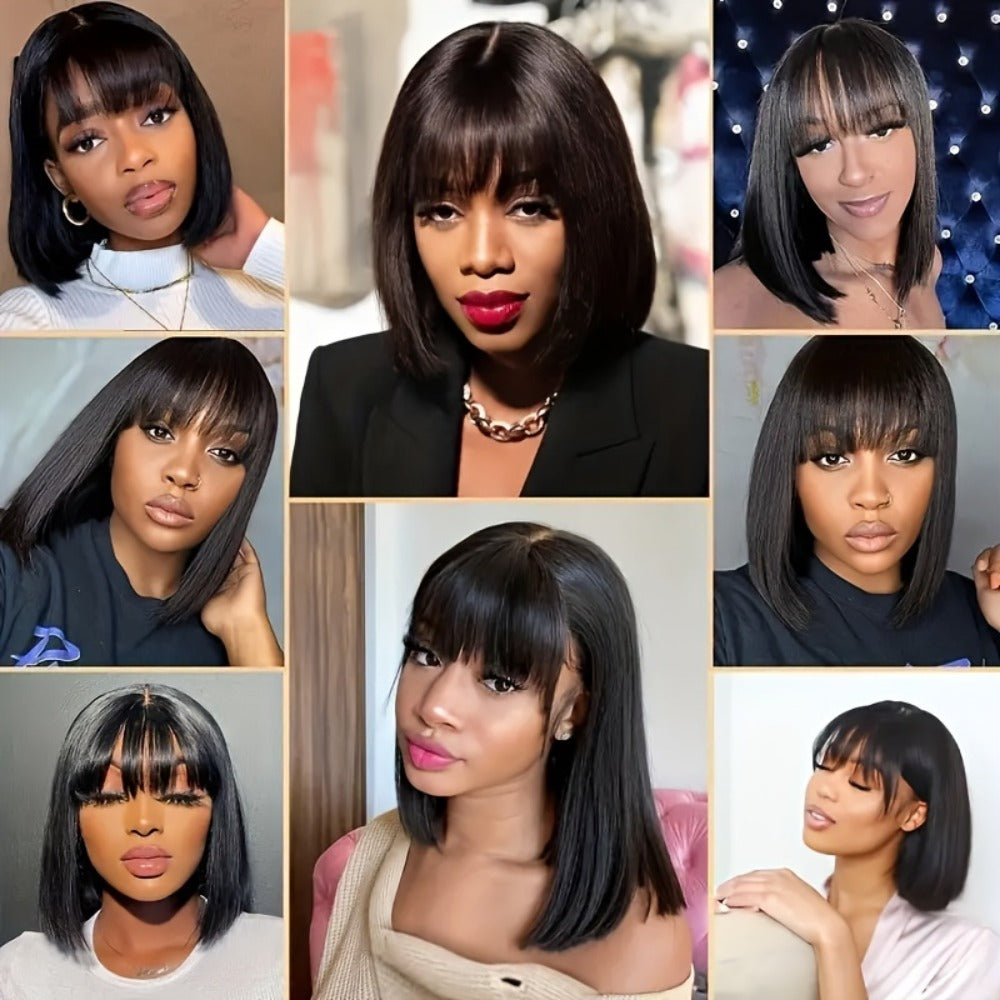 Lace Front Wig Human Hair Bob with Bangs, 4x1 HD Lace, 180% Density and 10-14in Length Choices