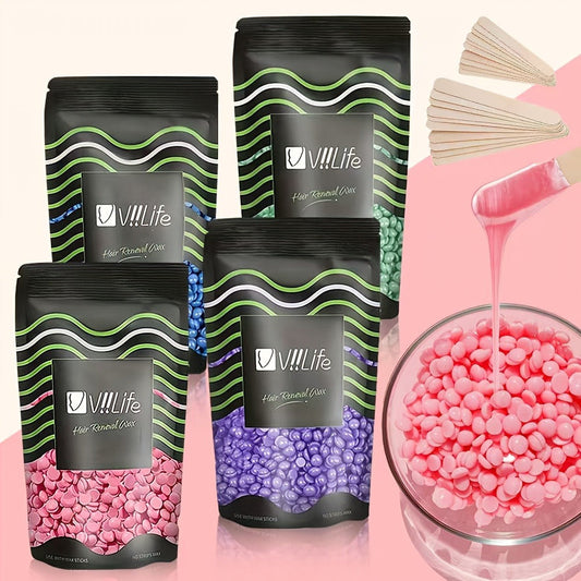 Hard Wax Beads for Hair Removal - 4 Colors Wax Beans with 20 Wood Sticks, Brazilian Bikini Wax Kit for Women & Men, Sensitive Skin, Full Body Legs Face Underarms, At-Home Waxing