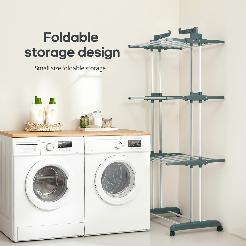 Four-Tier Foldable Metal Clothes Drying Rack with Casters for Up to 30 Garments and Small Spaces