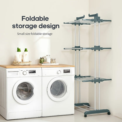 Four-Tier Foldable Metal Clothes Drying Rack with Casters for Up to 30 Garments and Small Spaces