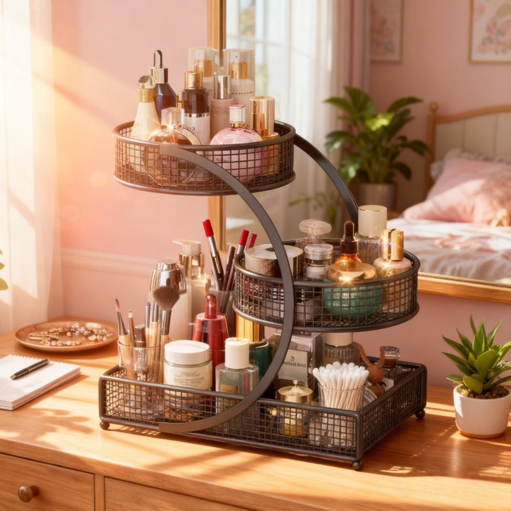 Three-Tier Metal Makeup Organizer with Round Baskets, Tissue Holder and White Iron Frame Design