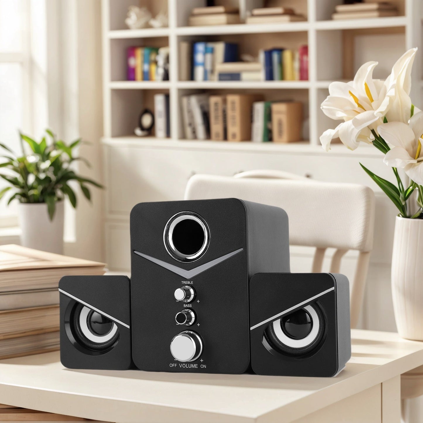 3-Piece Desktop Speaker System with Subwoofer | USB Powered PC Speakers, 3.5mm Audio Jack, Independent Bass & Treble Control, Blue LED Light – Stereo Sound for PC, Laptop, Mac & Home Office