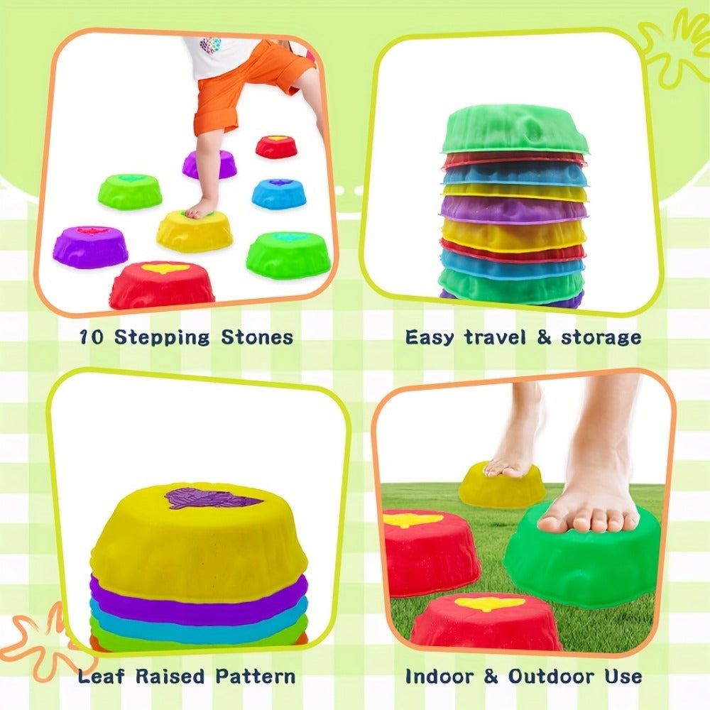 10-Piece Light-Up Stepping Stone Set in Five Colors with Raised Leaf Texture for Indoor or Outdoor Balance Play