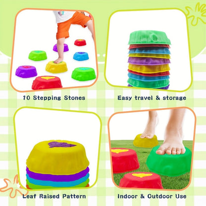 10-Piece Light-Up Stepping Stone Set in Five Colors with Raised Leaf Texture for Indoor or Outdoor Balance Play