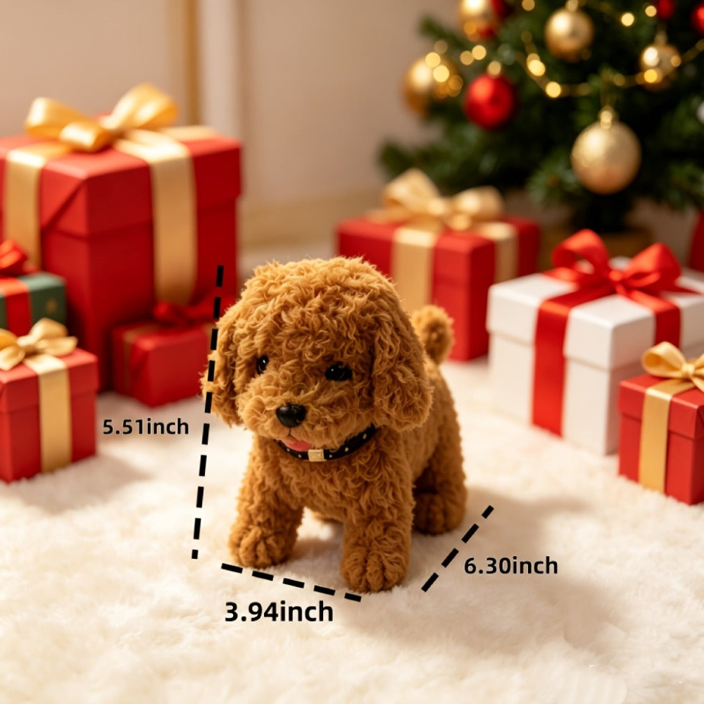 Walking Barking Robot Dog Toy for Adults Teens – Soft Plush Biomimetic Puppy with Expressive Eyes, One-Button Control, Gift Box Option | Desk & Home Companion | Brown White Red