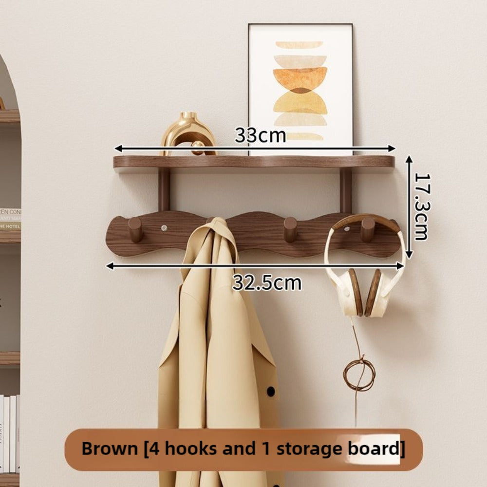 Coat Rack Wall Mounted Wood-and-Metal Organizer with Upper Shelf and 4 or 8 Hooks for Entryway Storage