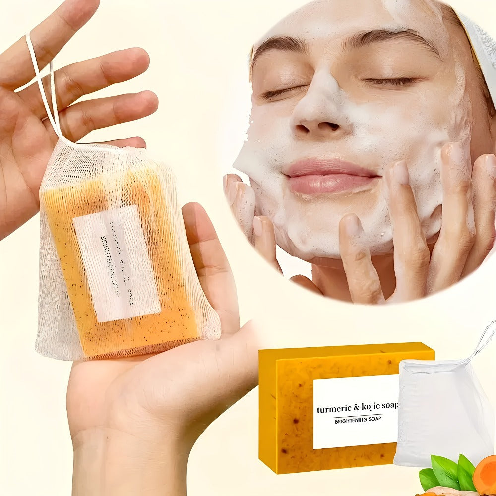 Turmeric Kojic Acid Brightening Soap Handmade Lemon Cold Process Deep Cleansing Hydrating Bar for Face & Body All Skin Types – Bundle Sets with Liquid Soap & Face Wash, Skincare Gift for Women