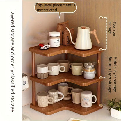 Corner Shelf Kitchen Organizer 3-Tier Brown Triangular Countertop Rack for Coffee Station Accessories
