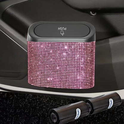 Car Trash Can with Lid & Rhinestone Bling – Hanging Leakproof Auto Garbage Bin with 2 Trash Bags, Concealed Interior Storage for Vehicle Door, Seat Back, Home & Office (3pcs Set)