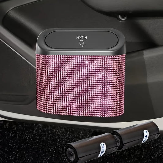 Car Trash Can with Lid & Rhinestone Bling – Hanging Leakproof Auto Garbage Bin with 2 Trash Bags, Concealed Interior Storage for Vehicle Door, Seat Back, Home & Office (3pcs Set)
