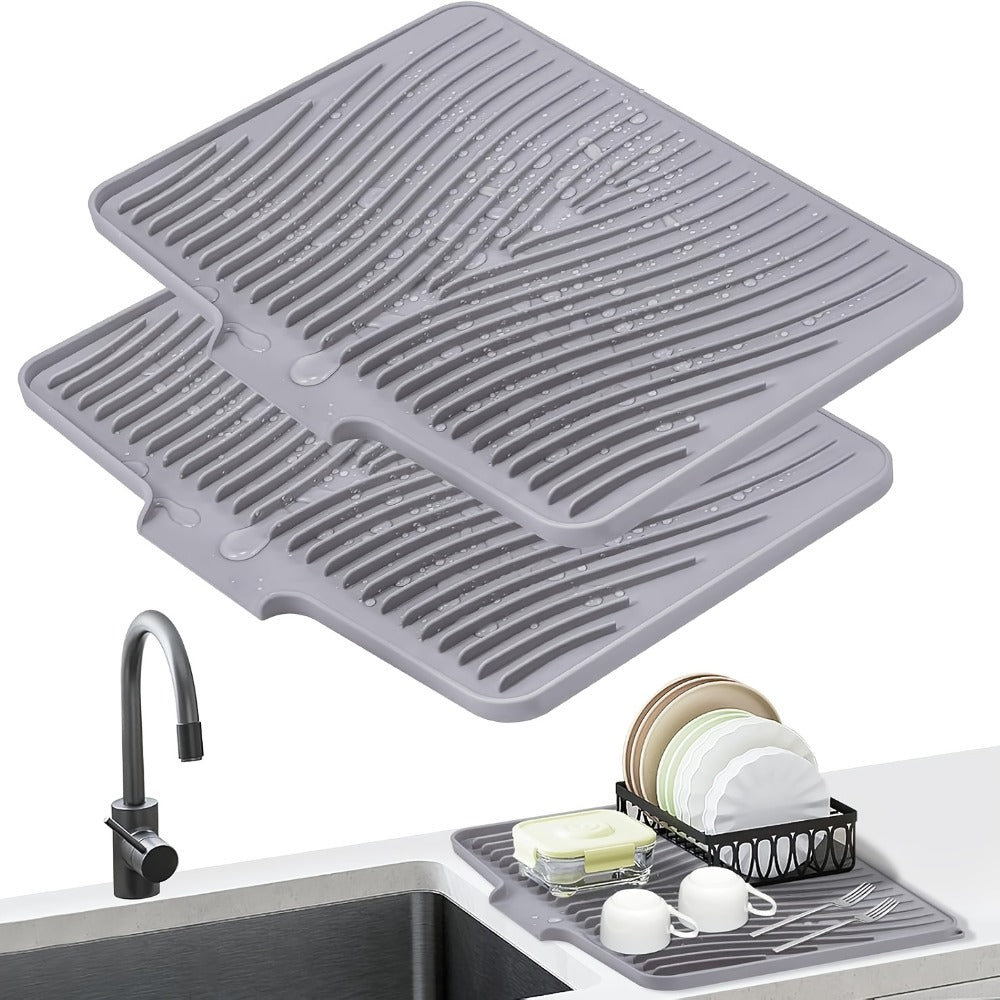 Kitchen Mat Set, 34.5x19-Inch Silicone Slope-Drain Drying Pads in Black or Gray, Single or 2-Piece Options