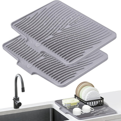Kitchen Mat Set, 34.5x19-Inch Silicone Slope-Drain Drying Pads in Black or Gray, Single or 2-Piece Options