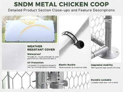 Walk-in Chicken Pen Large Metal Outdoor Poultry Enclosure Waterproof UV-Resistant Cover Heavy-Duty Yard Cage for Chickens Ducks Rabbits 3 Sizes Available