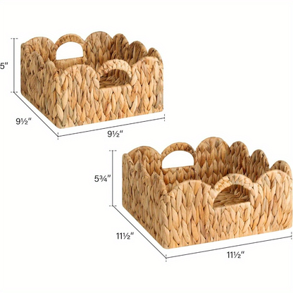 Scalloped Wicker Baskets Set of 2 - Water Hyacinth & Seagrass Woven Rattan Basket with Handles for Shelf, Nursery, Bathroom, Living Room Boho Decor