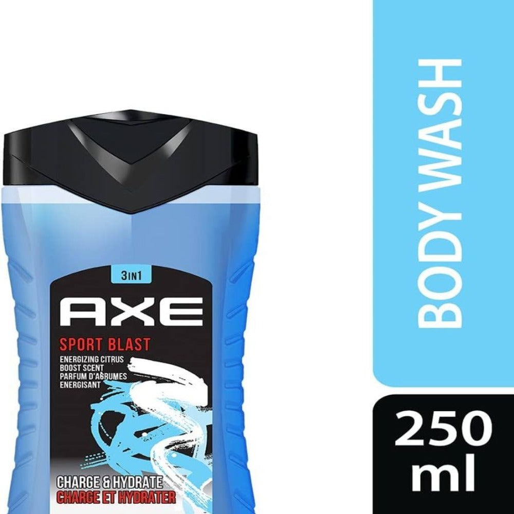 Three-Pack AXE Sport Blast Body Wash with 250ml Blue Flip-Cap Bottles and Matching Front Labels