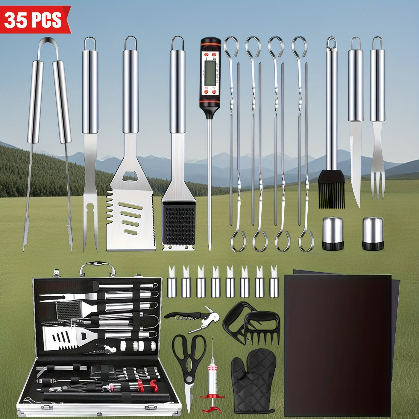 Thirty-Five-Piece BBQ Grill Tool Kit with Thermometer, Two Grill Mats, Heat Glove and Carry Case
