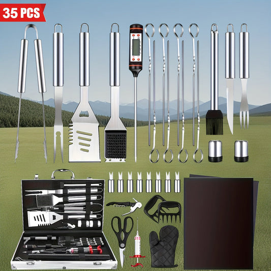 Stainless Steel BBQ Grill Tool Set 35PC – Complete Barbecue Kit with Thermometer, 2 Grill Mats & Aluminum Carry Case for Outdoor Grilling, Camping & Backyard Cookouts – Perfect Gift for Dad & Grill Masters