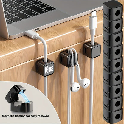 Magnetic Cable Organizer Clips, 16-Piece Black Square Set for Desk-Edge Cord Routing Pictured