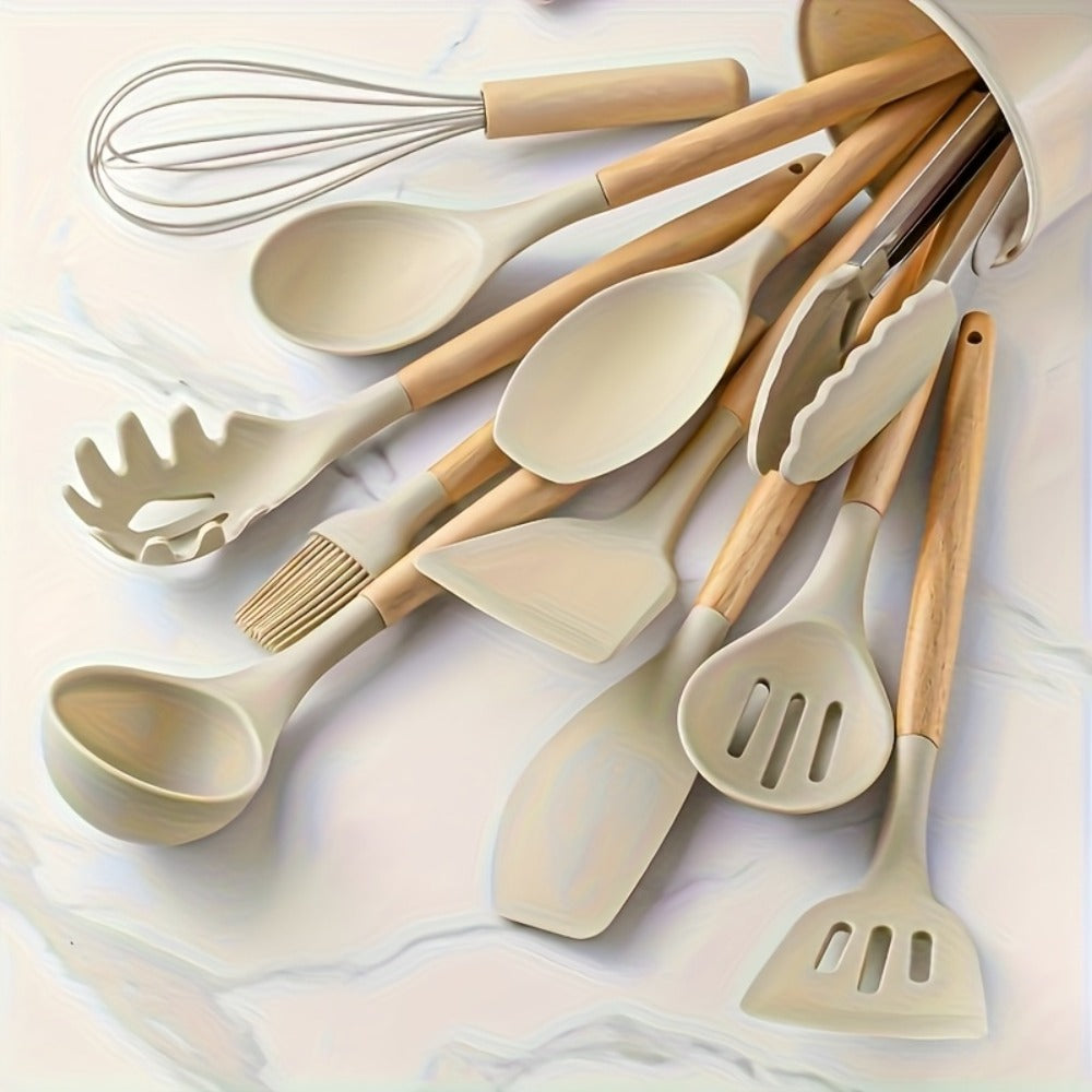 13-Piece Silicone Kitchen Utensil Set with Wooden Handles, Storage Holder and Khaki or Dark Gray Colors