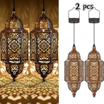Solar Lanterns Outdoor 2 Pack Moroccan Cut-Out Design IP54 Waterproof Auto Dusk-to-Dawn Garden Pathway Patio Lantern Lights Gold Purple White Copper