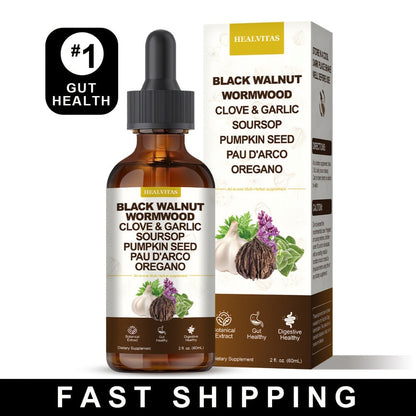 Black Walnut Wormwood Tincture 2 fl oz — Gut Health & Colon Cleanse Herbal Drops with Soursop, Oregano, Garlic & Berberine | Alcohol-Free Liquid Supplement for Digestive Support & Immune Health