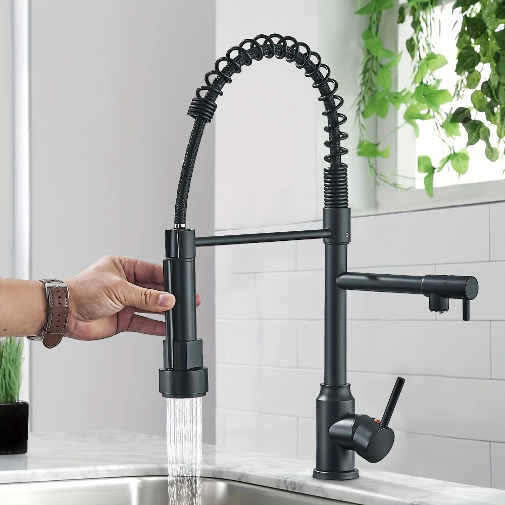 Single-Hole Pull-Down Kitchen Faucet with Spring Spout, 360° Swivel Sprayer and Three Finish Options