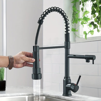Single-Hole Pull-Down Kitchen Faucet with Spring Spout, 360° Swivel Sprayer and Three Finish Options