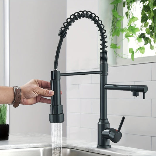 Kitchen Faucet with Pull Down Sprayer Single Handle Single Hole High Arc Spring Commercial Sink Faucet – 360° Swivel Splash-Proof Nozzle, Matte Black Chrome Brushed Nickel, Modern Monobloc Mixer Tap