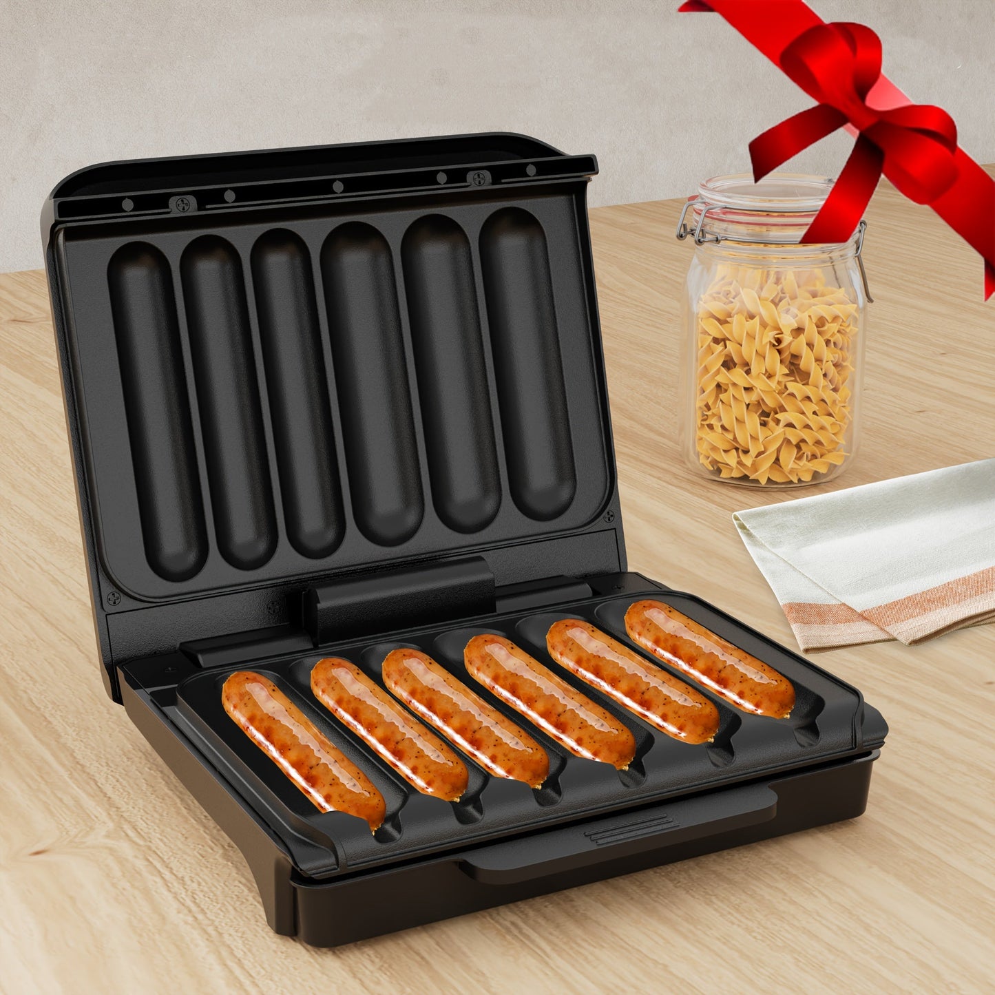 Hot Dog Roller Sausage Grill Machine 6-Slot Electric with Non-Stick Plate, Drip Tray & Cord Storage for BBQ Parties