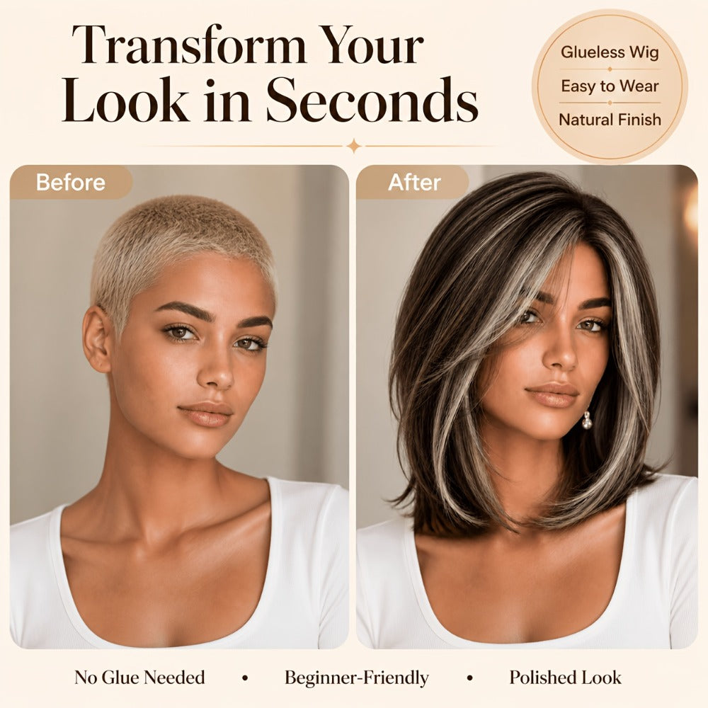 U Part Lace Front Bob Wig 4x1 Glueless Rose Net Cap Middle Part Natural Hairline Synthetic Wig for Women 14 Inch Brown Highlights Milky White Black Pink
